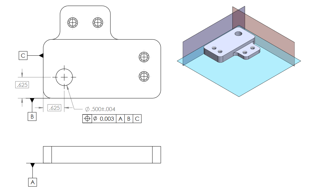 Example datum feature callouts for Prismatic part with critical hole location