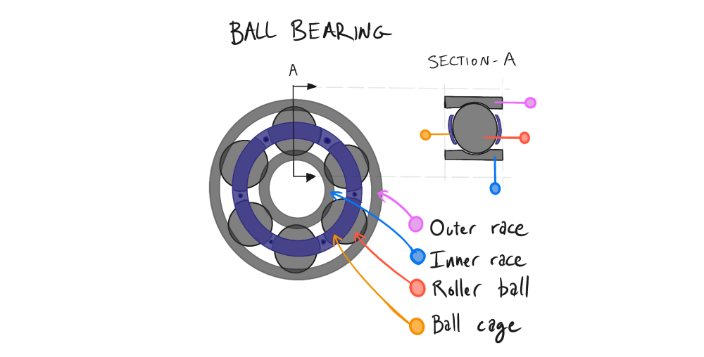 Architecture and section view of a ball bearing