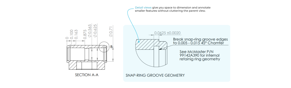 1. * Add appropriately scaled projected, section, and detail views using all of the drawing space you have