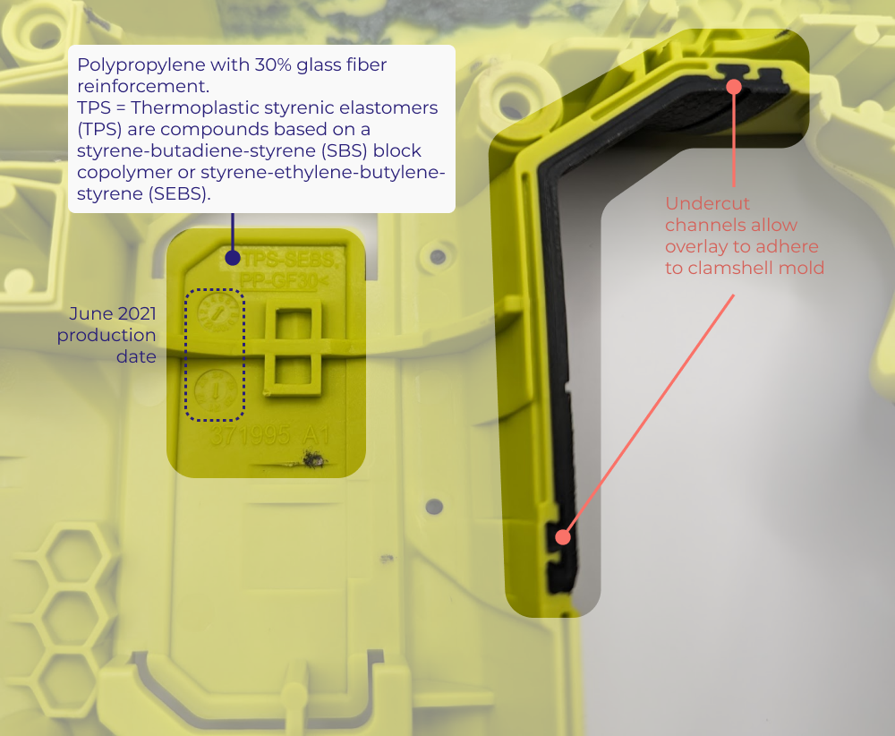 Mold design details showing TPS overmold and molding date.