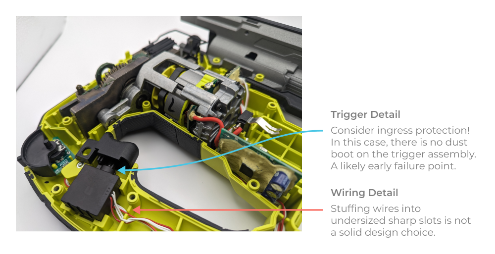 Detail view of trigger and wiring problems.