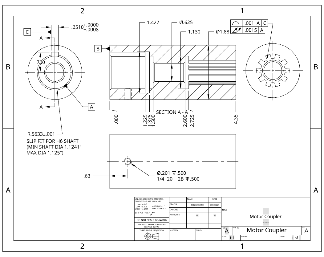 Engineering drawing of motor coupler