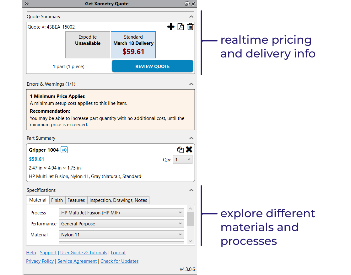 Xometry SolidWorks add-in detail